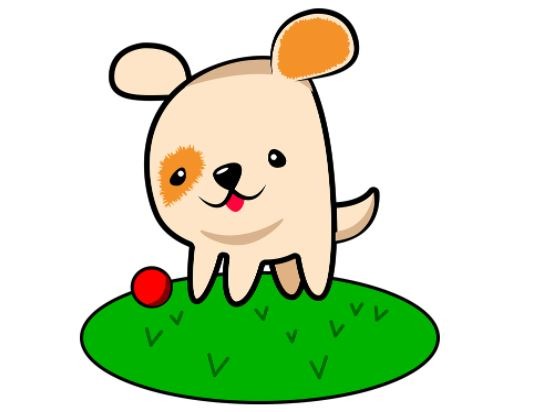 dog, red ball, patch of grass