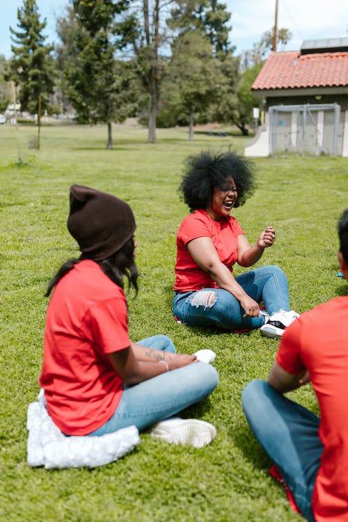 A group-of-people talking sitting on the grass
