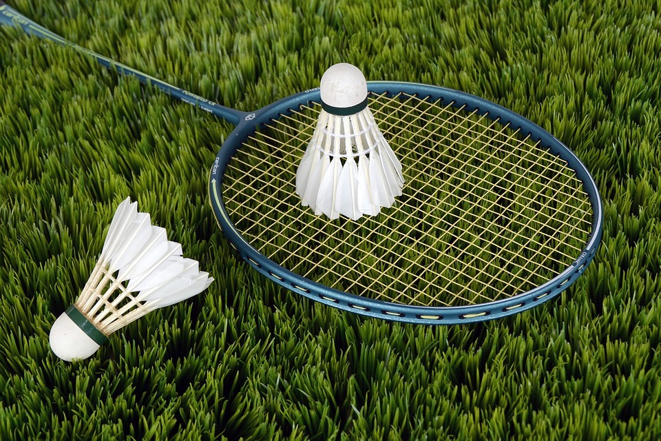 badminton racket, two shuttlecocks, grass