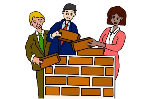 three people building a brick wall, bricks, brick wall